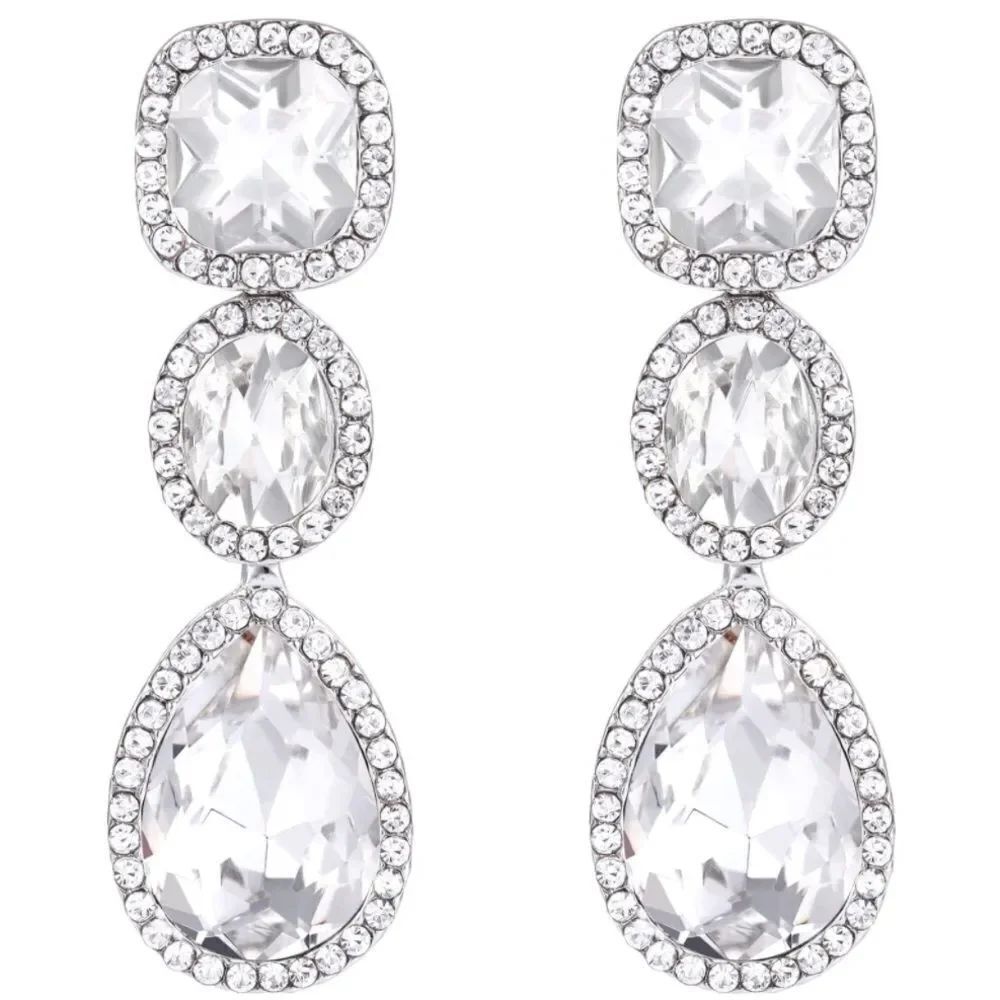 Silver with White Diamond Austrian Crystal Dangling Chandelier Post Earrings